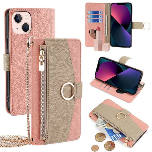 For iPhone 13 6.1 inch Case PU Leather Wallet Protective Cover with Crossbody Shoulder Strap