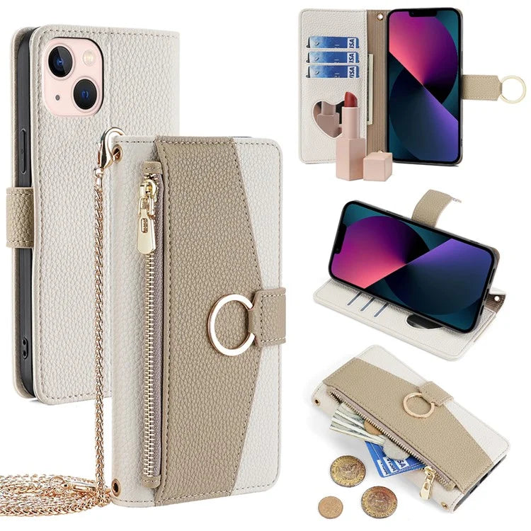 For iPhone 13 6.1 inch Case PU Leather Wallet Protective Cover with Crossbody Shoulder Strap