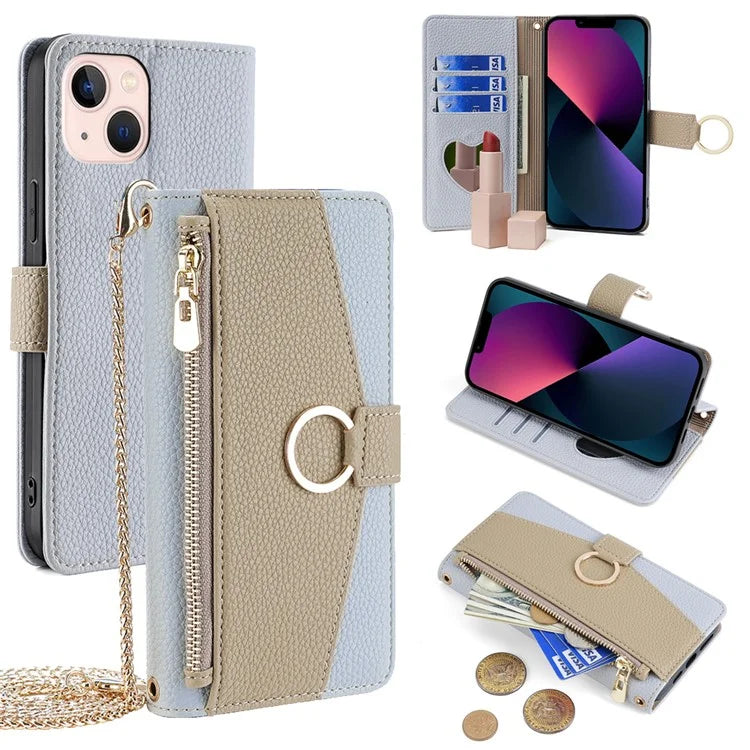 For iPhone 13 6.1 inch Case PU Leather Wallet Protective Cover with Crossbody Shoulder Strap
