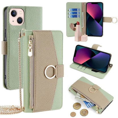 For iPhone 13 6.1 inch Case PU Leather Wallet Protective Cover with Crossbody Shoulder Strap
