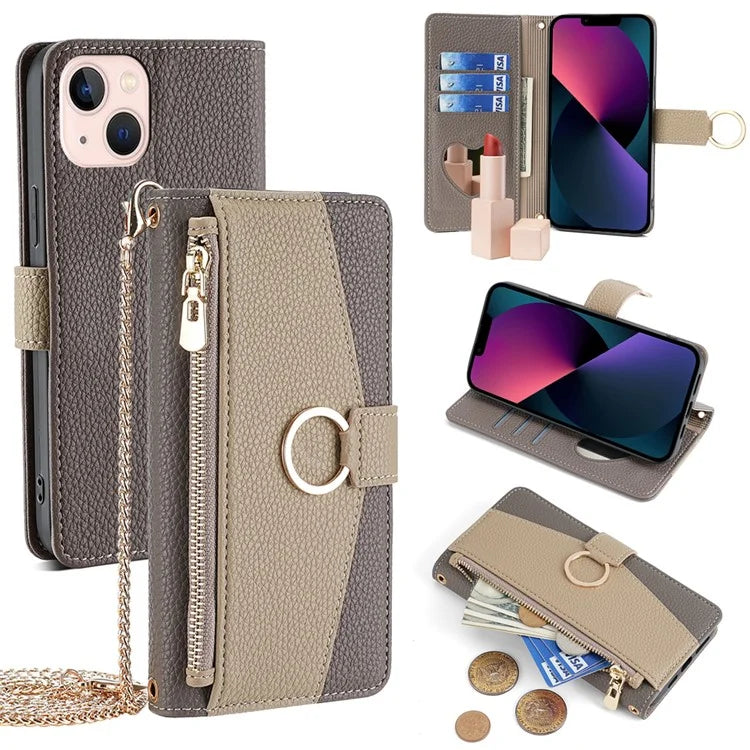 For iPhone 13 6.1 inch Case PU Leather Wallet Protective Cover with Crossbody Shoulder Strap