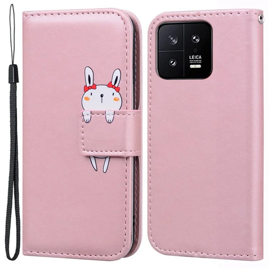 For Xiaomi 13 PU Leather Wallet Cartoon Animal Pattern Cell Phone Cases with Strap