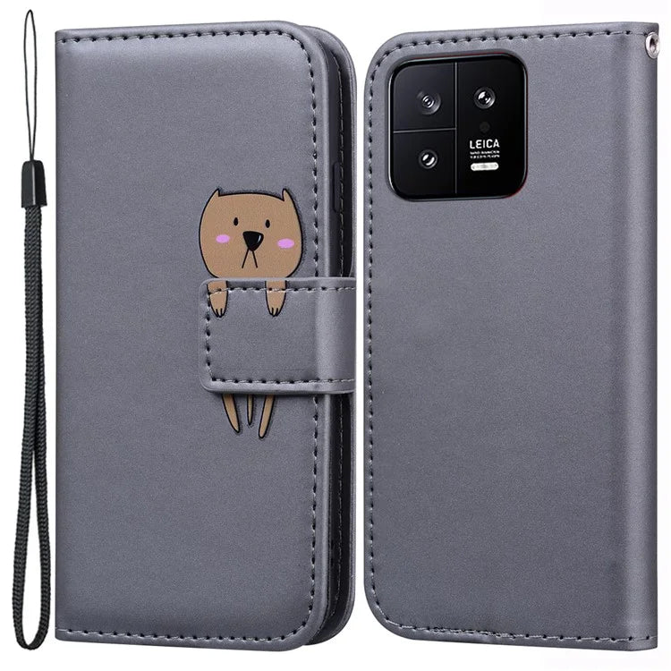 For Xiaomi 13 PU Leather Wallet Cartoon Animal Pattern Cell Phone Cases with Strap