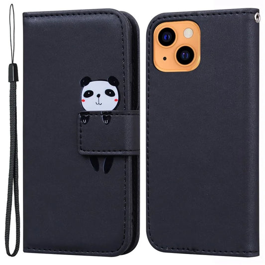 For iPhone 13 6.1 inch Cartoon Animal Pattern Cell Phone Cases with Strap PU Leather+TPU Cover