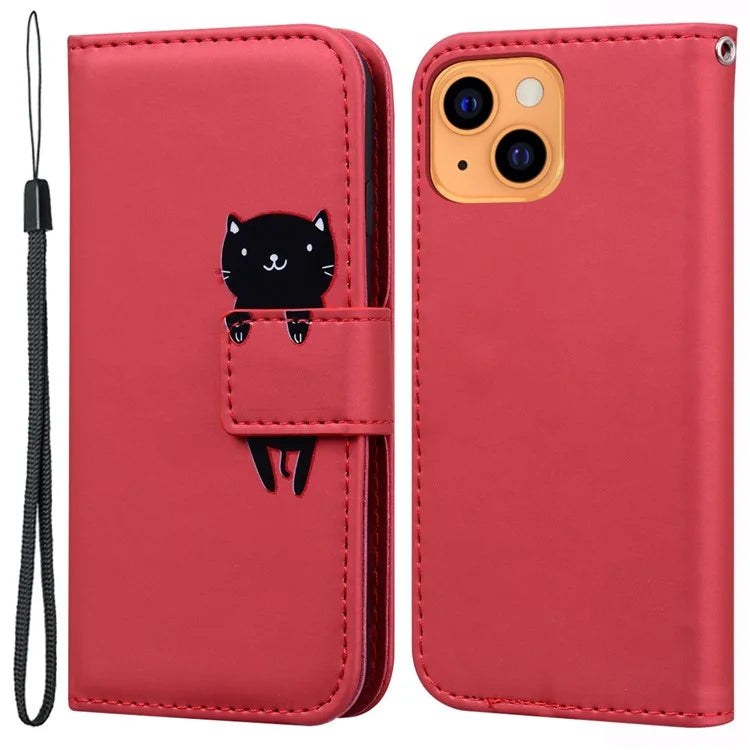 For iPhone 13 6.1 inch Cartoon Animal Pattern Cell Phone Cases with Strap PU Leather+TPU Cover