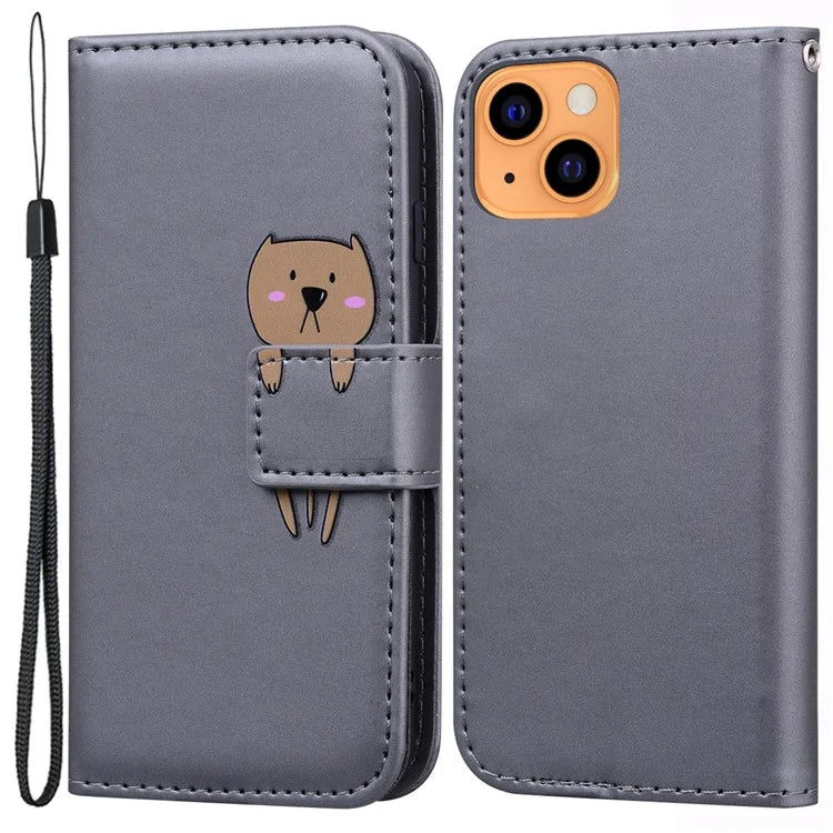 For iPhone 13 6.1 inch Cartoon Animal Pattern Cell Phone Cases with Strap PU Leather+TPU Cover