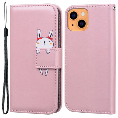 For iPhone 13 6.1 inch Cartoon Animal Pattern Cell Phone Cases with Strap PU Leather+TPU Cover