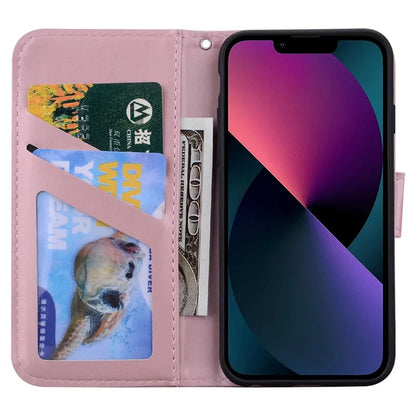 For iPhone 13 6.1 inch Cartoon Animal Pattern Cell Phone Cases with Strap PU Leather+TPU Cover