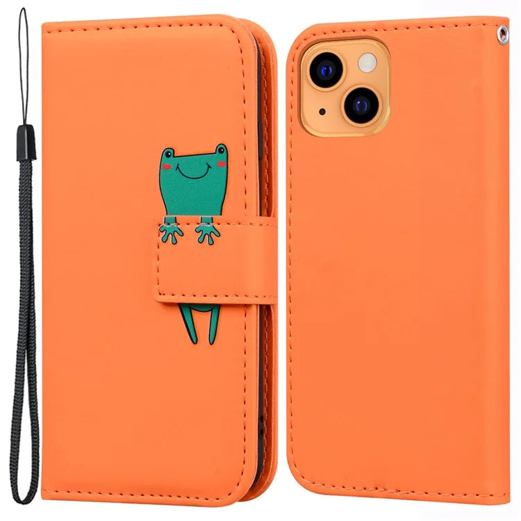 For iPhone 13 6.1 inch Cartoon Animal Pattern Cell Phone Cases with Strap PU Leather+TPU Cover