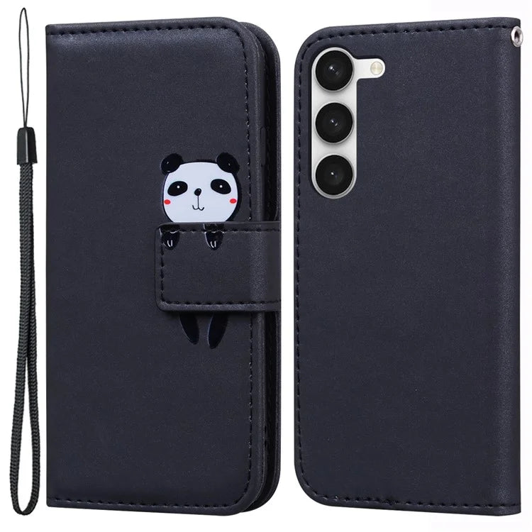 For Samsung Galaxy S23+ Cell Phone Case Cartoon Animal Flip PU Leather Shell with Strap