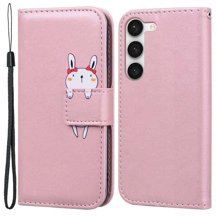 For Samsung Galaxy S23+ Cell Phone Case Cartoon Animal Flip PU Leather Shell with Strap