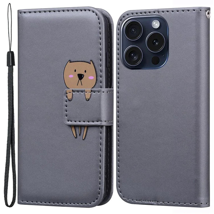 For iPhone 15 Pro Max Cover Cute Animal Pattern Leather Wallet Stand Cell Phone Case