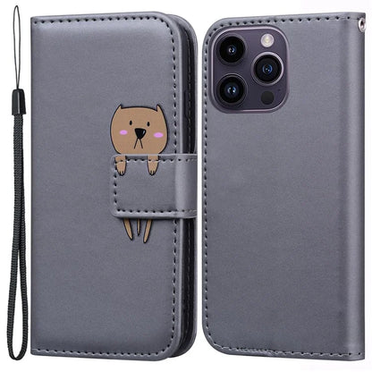 For iPhone 14 Pro Cell Phone Case PU Leather Shell with Cartoon Animal Pattern