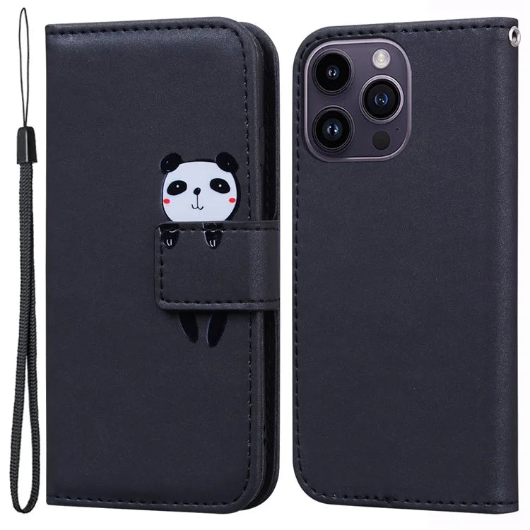 For iPhone 14 Pro Cell Phone Case PU Leather Shell with Cartoon Animal Pattern