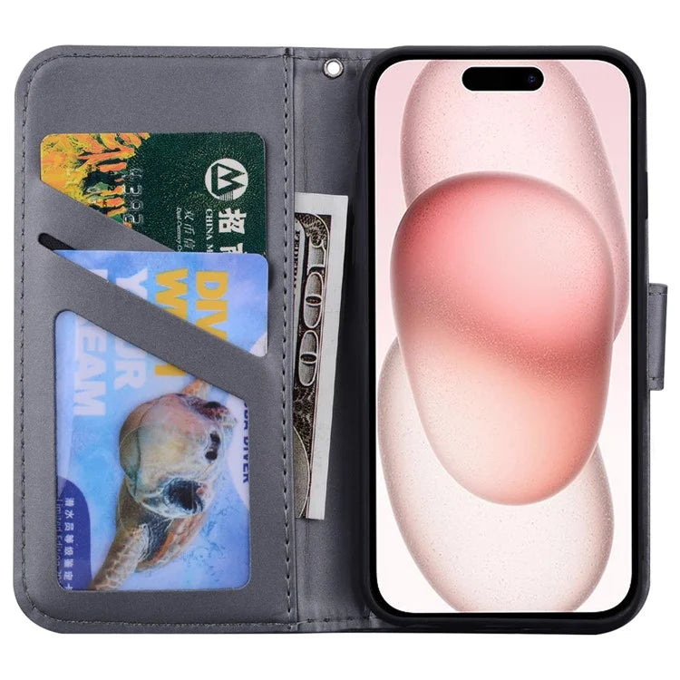 For iPhone 15 Plus Cell Phone Case Cartoon Animal Pattern Anti-drop PU Leather Cover