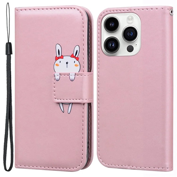 For iPhone 14 Pro Max Cell Phone Case Animal Pattern PU Leather Wallet Stand Cover with Strap
