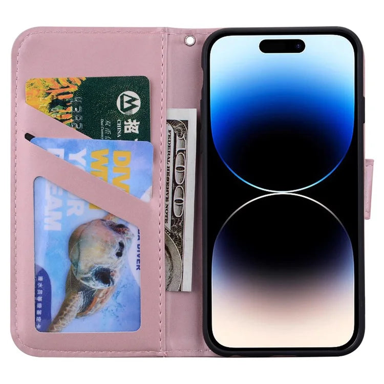 For iPhone 14 Pro Max Cell Phone Case Animal Pattern PU Leather Wallet Stand Cover with Strap