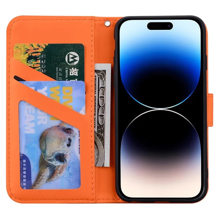 For iPhone 14 Pro Max Cell Phone Case Animal Pattern PU Leather Wallet Stand Cover with Strap