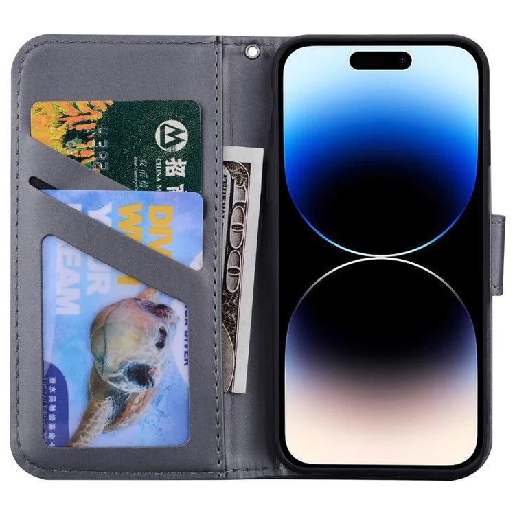 For iPhone 14 Pro Max Cell Phone Case Animal Pattern PU Leather Wallet Stand Cover with Strap
