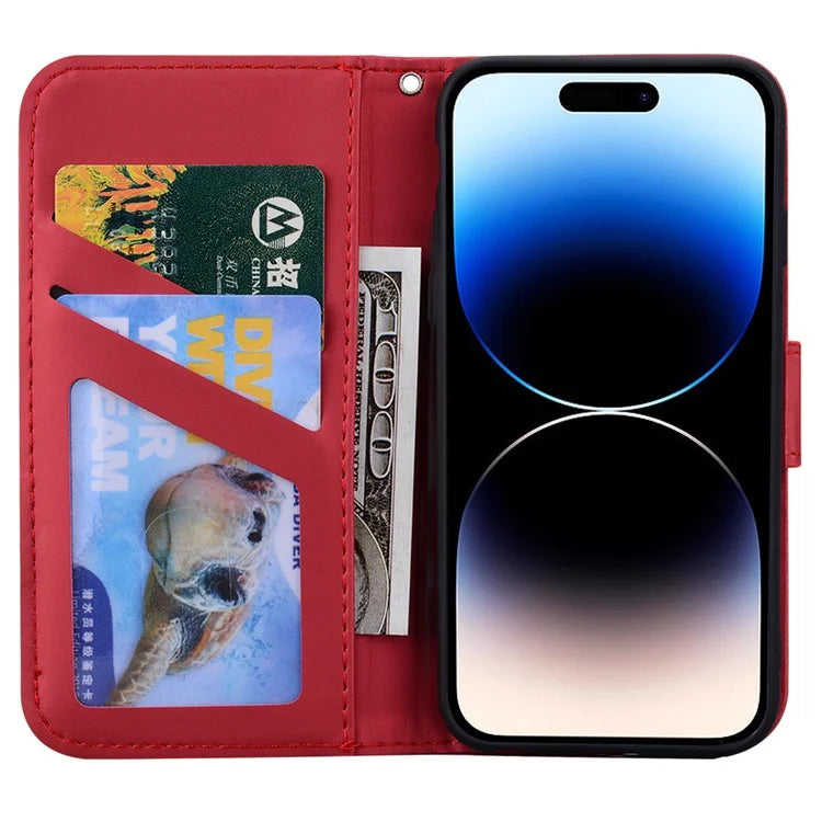For iPhone 14 Pro Max Cell Phone Case Animal Pattern PU Leather Wallet Stand Cover with Strap