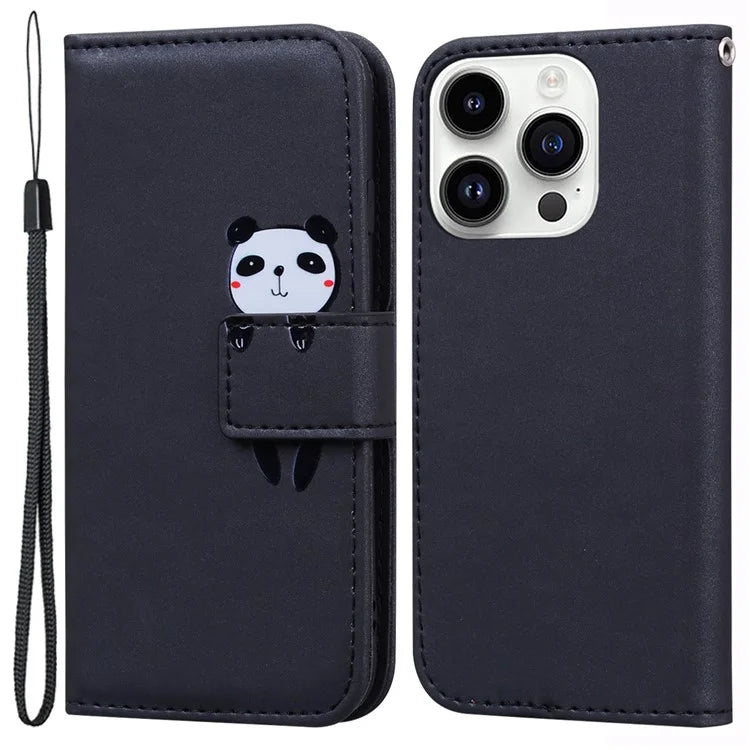 For iPhone 14 Pro Max Cell Phone Case Animal Pattern PU Leather Wallet Stand Cover with Strap