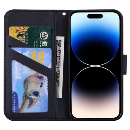 For iPhone 14 Pro Max Cell Phone Case Animal Pattern PU Leather Wallet Stand Cover with Strap