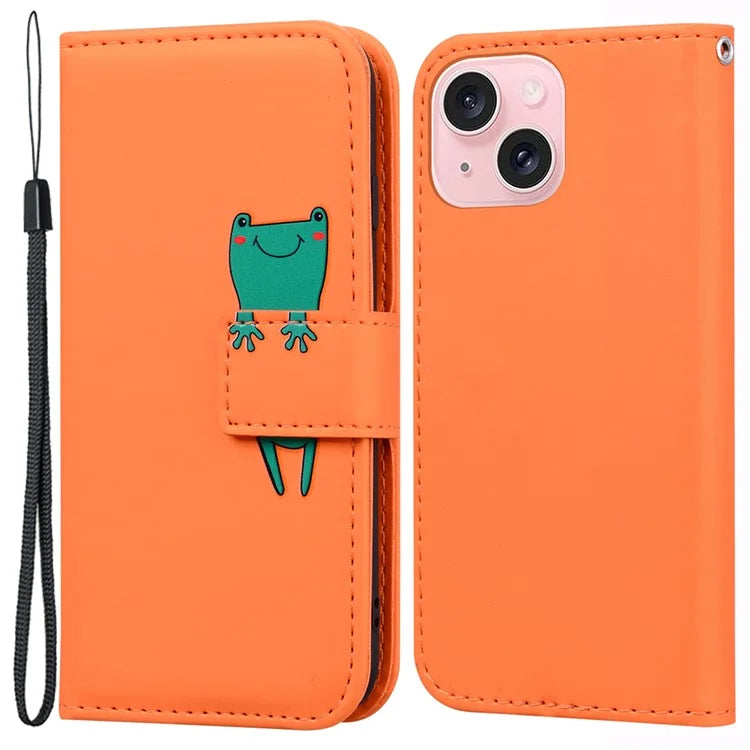 For iPhone 15 Cover Cartoon Pattern Leather Wallet Stand Anti-fall Cell Phone Case