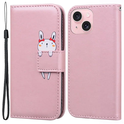For iPhone 15 Cover Cartoon Pattern Leather Wallet Stand Anti-fall Cell Phone Case