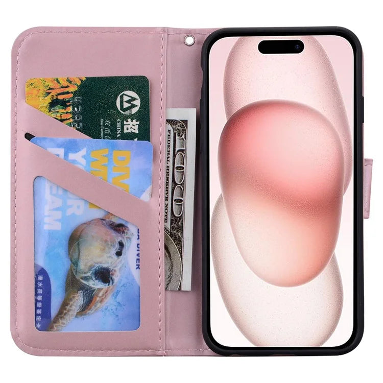 For iPhone 15 Cover Cartoon Pattern Leather Wallet Stand Anti-fall Cell Phone Case
