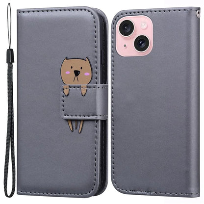 For iPhone 15 Cover Cartoon Pattern Leather Wallet Stand Anti-fall Cell Phone Case