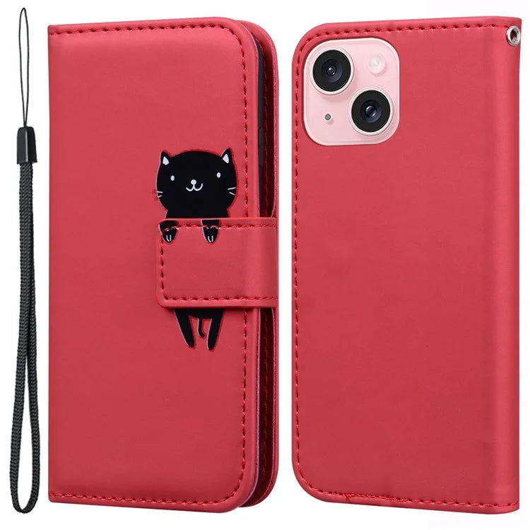 For iPhone 15 Cover Cartoon Pattern Leather Wallet Stand Anti-fall Cell Phone Case