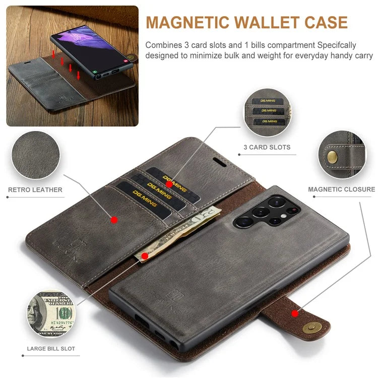 DG.MING for Samsung Galaxy S24 Ultra Case Detachable Split Leather Cover with Stand Wallet