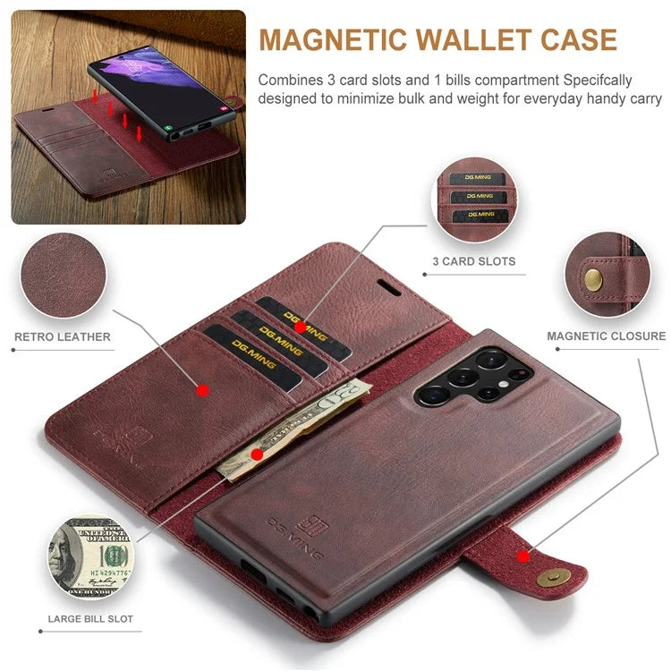 DG.MING for Samsung Galaxy S24 Ultra Case Detachable Split Leather Cover with Stand Wallet