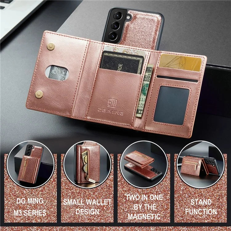 DG.MING M3 Series For Samsung Galaxy S24 Kickstand Case Detachable Wallet Glitter Phone Cover