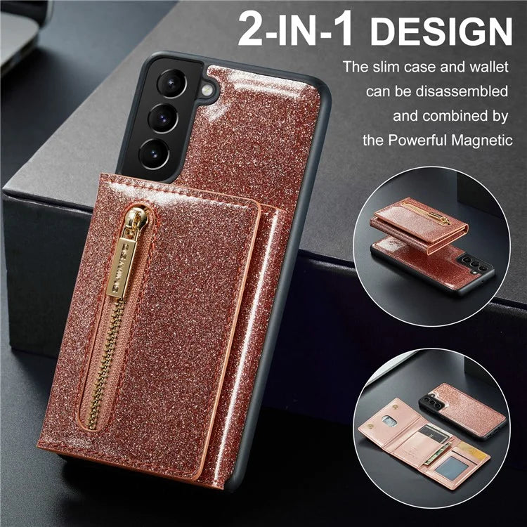 DG.MING M3 Series For Samsung Galaxy S24 Kickstand Case Detachable Wallet Glitter Phone Cover