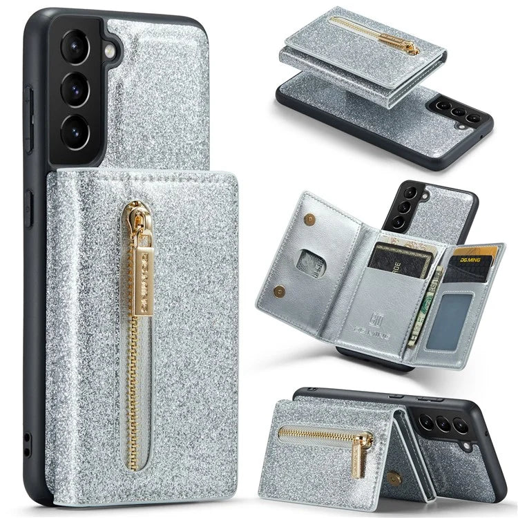 DG.MING M3 Series For Samsung Galaxy S24 Kickstand Case Detachable Wallet Glitter Phone Cover