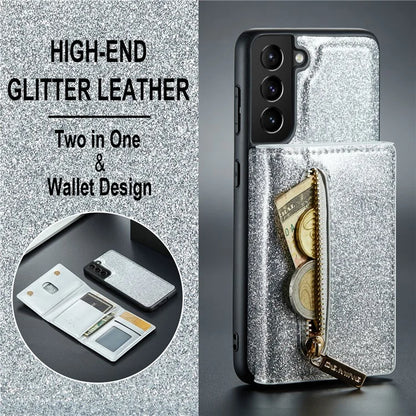 DG.MING M3 Series For Samsung Galaxy S24 Kickstand Case Detachable Wallet Glitter Phone Cover