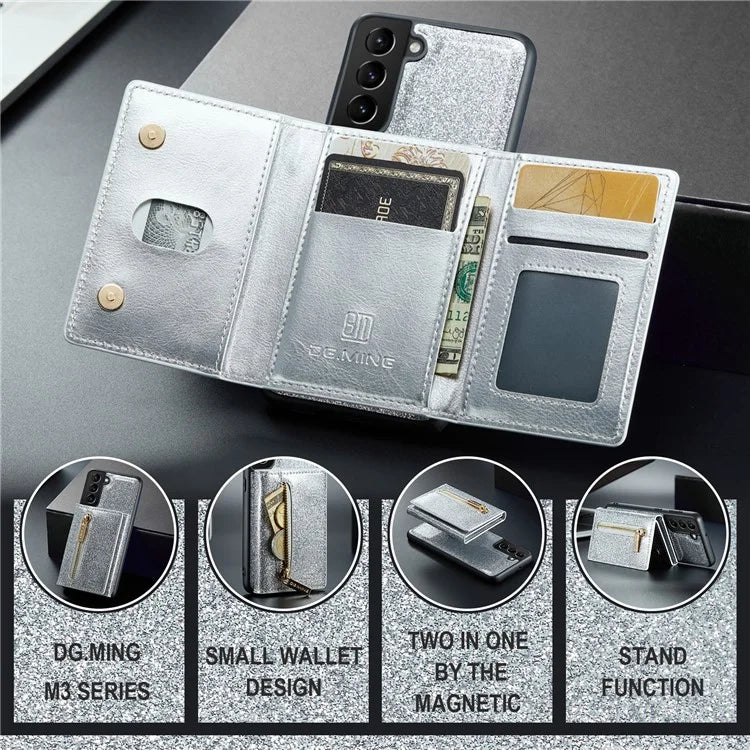 DG.MING M3 Series For Samsung Galaxy S24 Kickstand Case Detachable Wallet Glitter Phone Cover