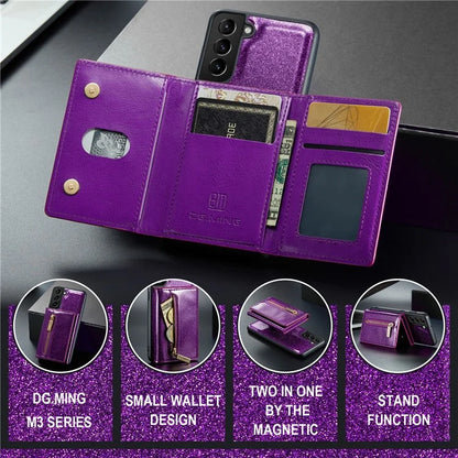 DG.MING M3 Series For Samsung Galaxy S24 Kickstand Case Detachable Wallet Glitter Phone Cover