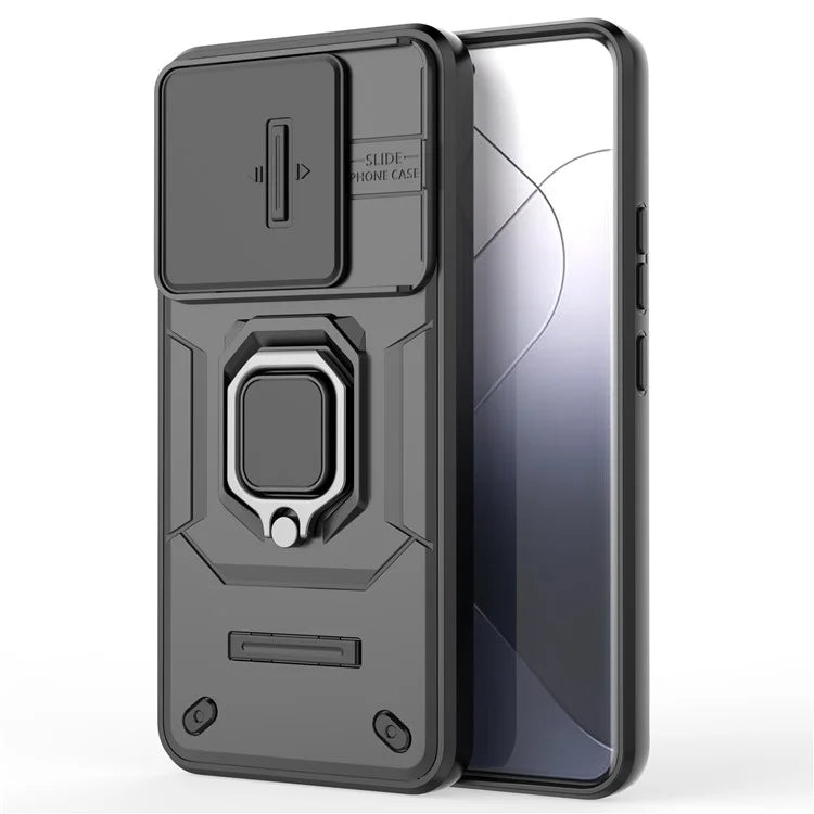 For Xiaomi 14 Pro Case PC+TPU Shockproof Kickstand Phone Protector with Slide Lens Shield