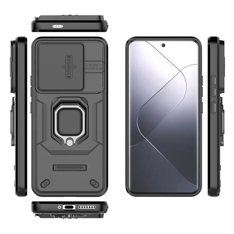 For Xiaomi 14 Pro Case PC+TPU Shockproof Kickstand Phone Protector with Slide Lens Shield