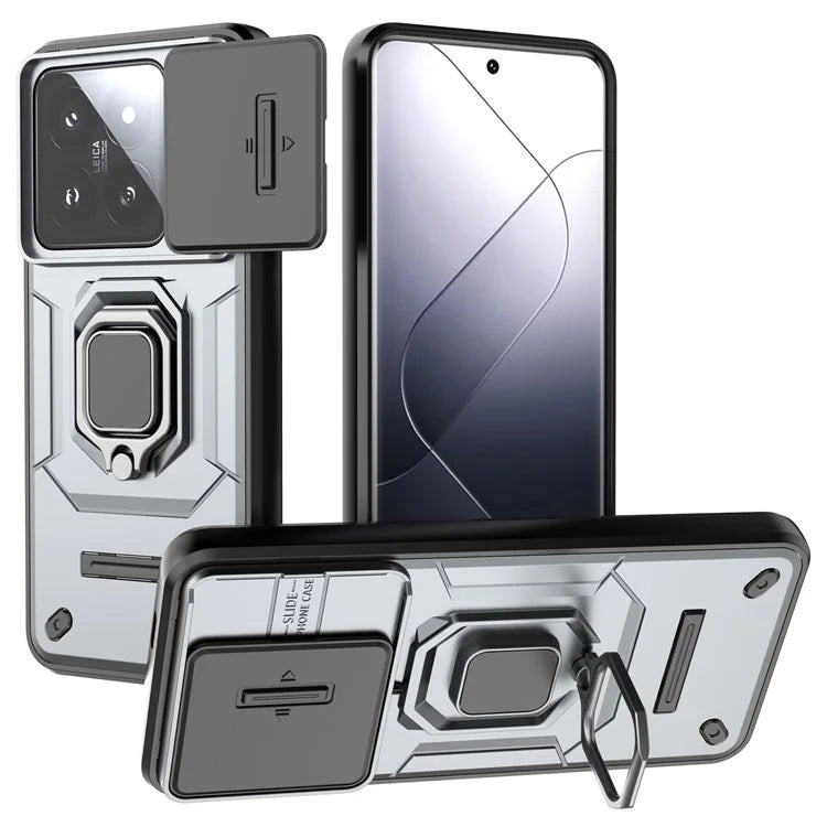 For Xiaomi 14 Pro Case PC+TPU Shockproof Kickstand Phone Protector with Slide Lens Shield