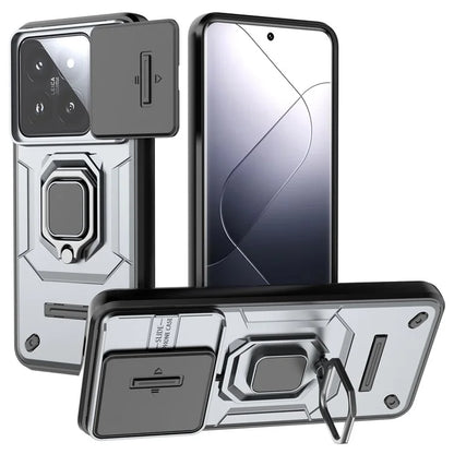 For Xiaomi 14 Pro Case PC+TPU Shockproof Kickstand Phone Protector with Slide Lens Shield