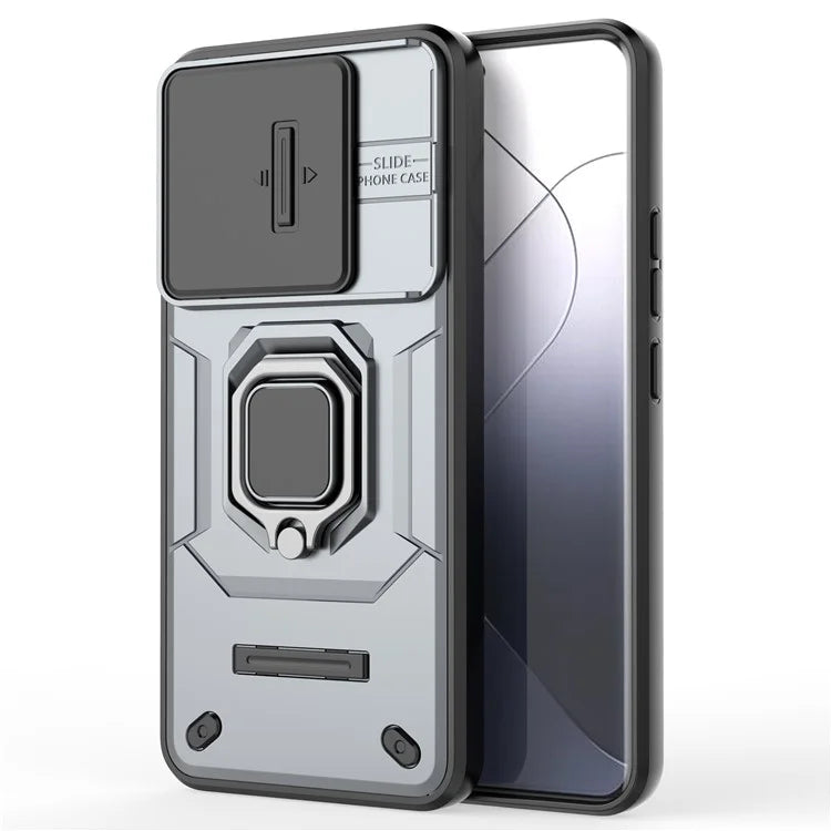 For Xiaomi 14 Pro Case PC+TPU Shockproof Kickstand Phone Protector with Slide Lens Shield