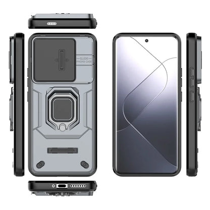 For Xiaomi 14 Pro Case PC+TPU Shockproof Kickstand Phone Protector with Slide Lens Shield