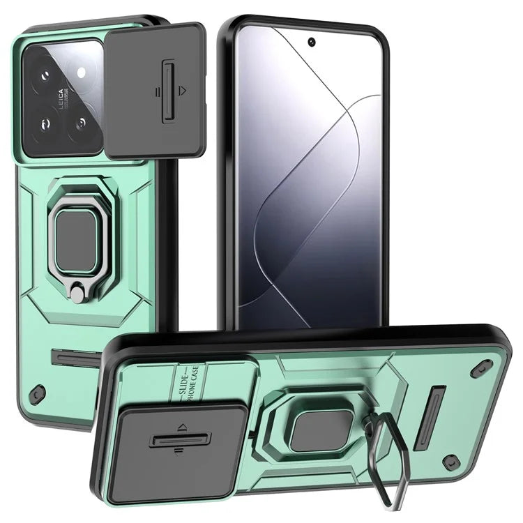 For Xiaomi 14 Pro Case PC+TPU Shockproof Kickstand Phone Protector with Slide Lens Shield