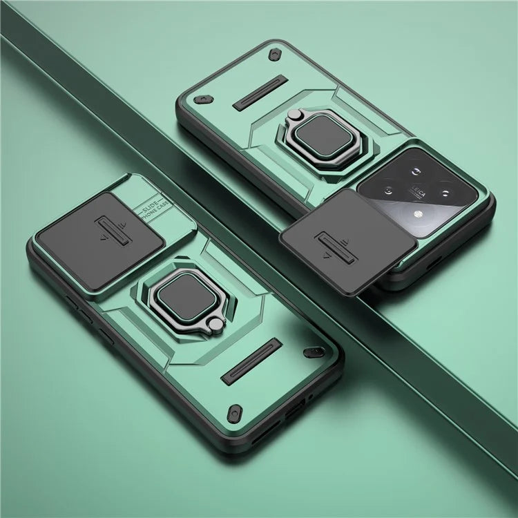For Xiaomi 14 Pro Case PC+TPU Shockproof Kickstand Phone Protector with Slide Lens Shield