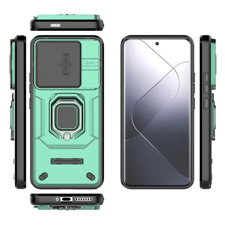 For Xiaomi 14 Pro Case PC+TPU Shockproof Kickstand Phone Protector with Slide Lens Shield