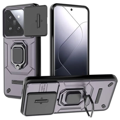 For Xiaomi 14 Pro Case PC+TPU Shockproof Kickstand Phone Protector with Slide Lens Shield