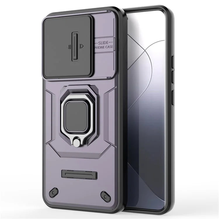 For Xiaomi 14 Pro Case PC+TPU Shockproof Kickstand Phone Protector with Slide Lens Shield